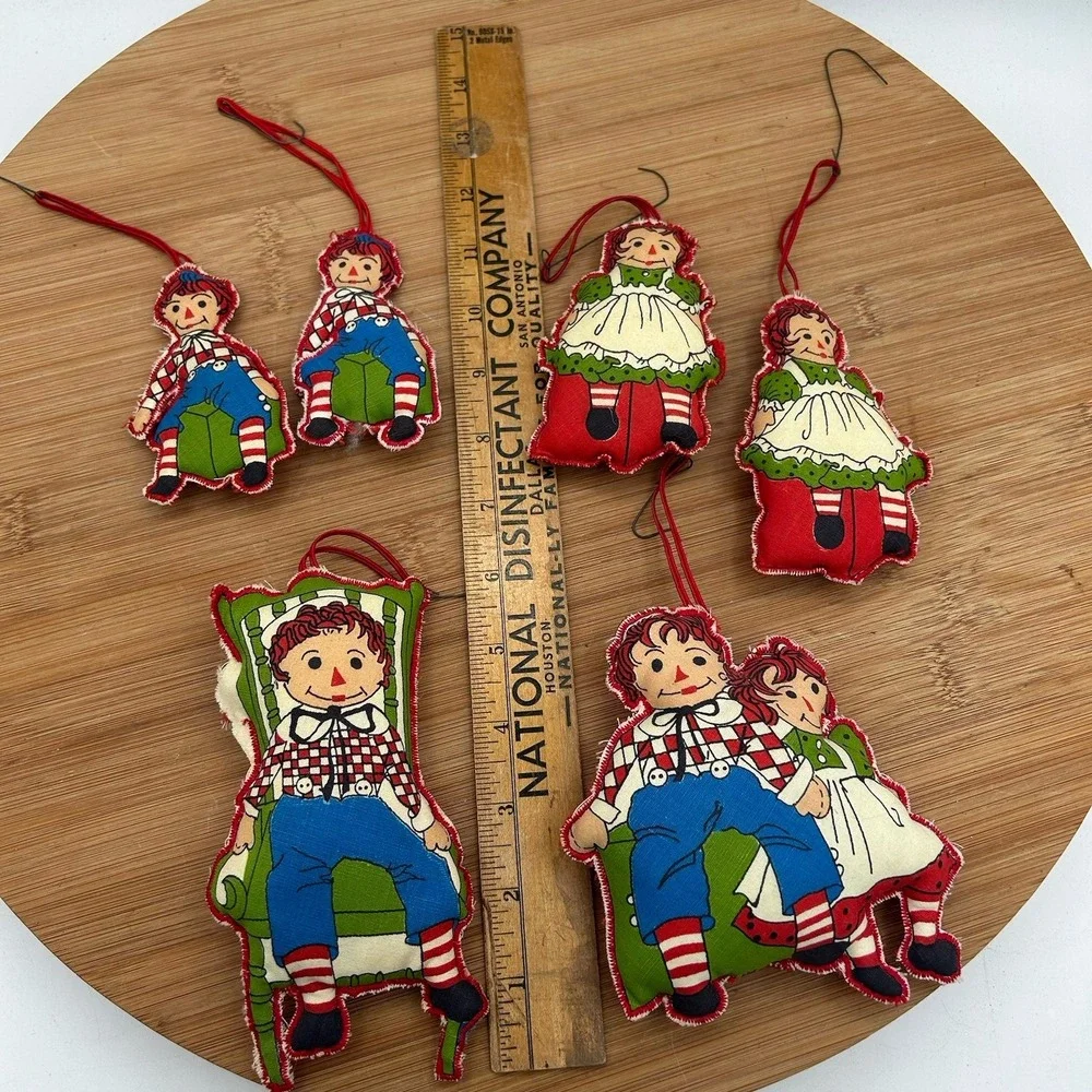 Vintage ‎ Raggedy Ann and Andy Pillow  Christmas Ornaments Lot Of 6 Nostalgia